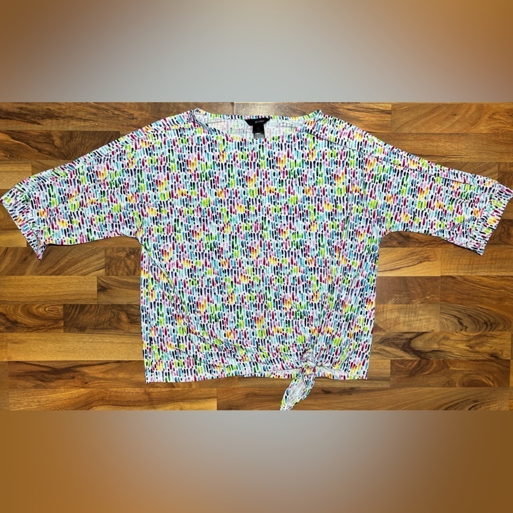 Ali Miles XL Colorful Abstract Print Tie Front Dolman Sleeve Top Blouse